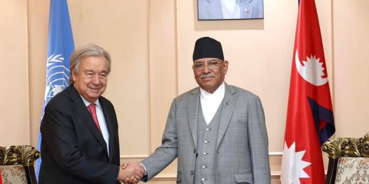प्रधानमन्त्री दाहालसँगको भेटमा युएनका महासचिव गुटेरेसले भने–तपाईं आजको विश्वको एक डाईनामिक नेता हो